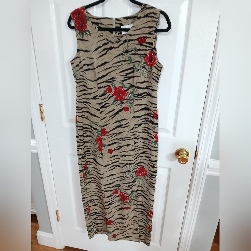 Vintage Zebra Print Sleeveless Dress with Red Floral Accents Midi Cruise Resort - Picture 2 of 6
